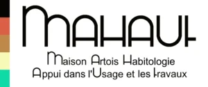 Une bande à gauche de 5 couleurs : noir, rouille, ocre, beige, vert d'eau. En noir en grand les lettres MAHAUT dont le sommet des lettres est arrondi. En dessous Maison Artois Habitologie Appui dans l'Usage et les Travaux.