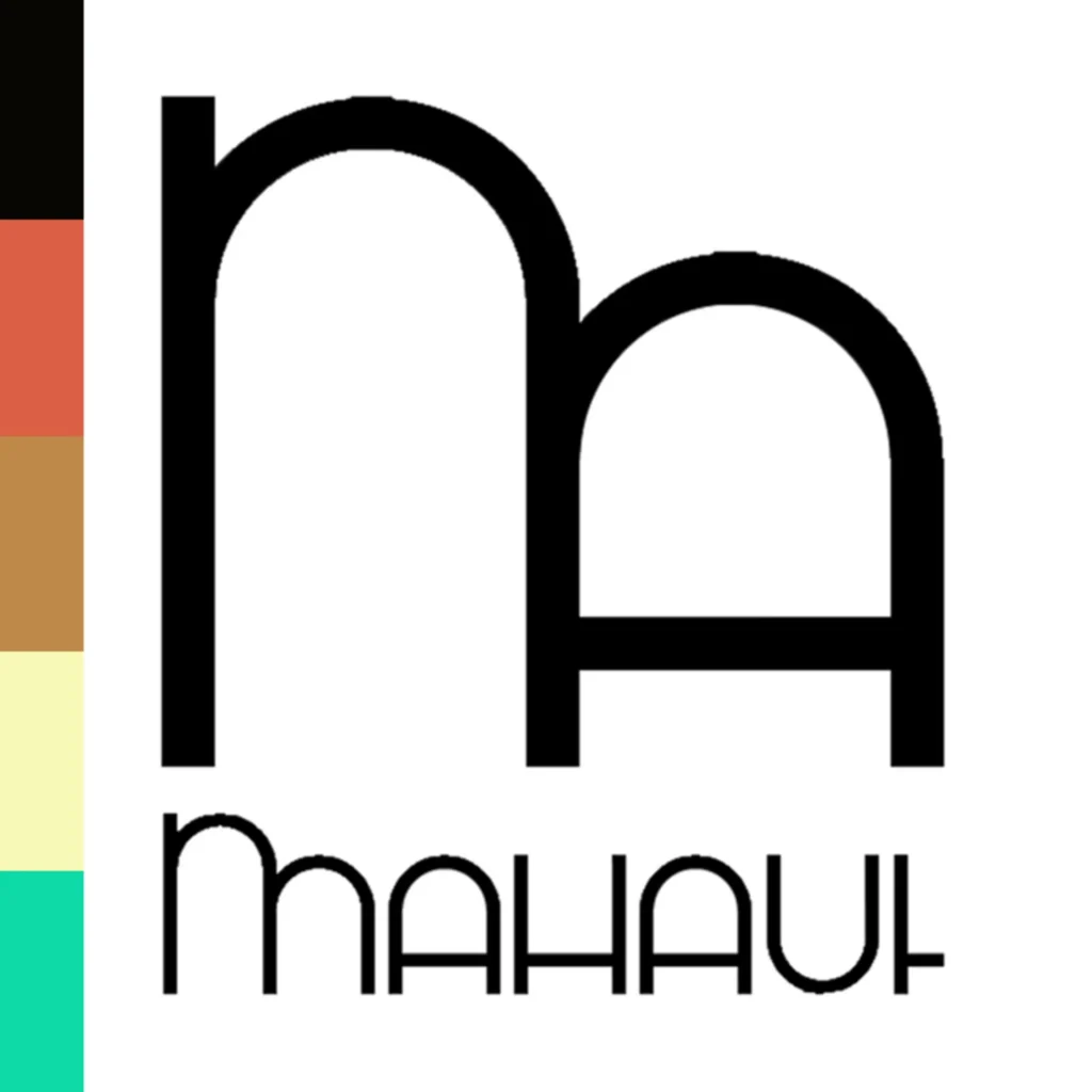 Une bande à gauche de 5 couleurs : noir, rouille, ocre, beige, vert d'eau. En noir en grand les lettres M et A imbriquées dont les sommets sont arrondis. En dessous MAHAUT écrit dans le même style.