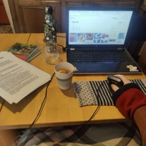 Du point de vue du travailleur, on voit sur une table en bois : un ordinateur, une souris d'ordinateur sur un tapis de souris en tricot, une tasse avec une tisane, un verre à eau, une gourde, des papiers. Le travailleur a un plaid sur les genoux et des manchettes qui lui couvrent les mains.