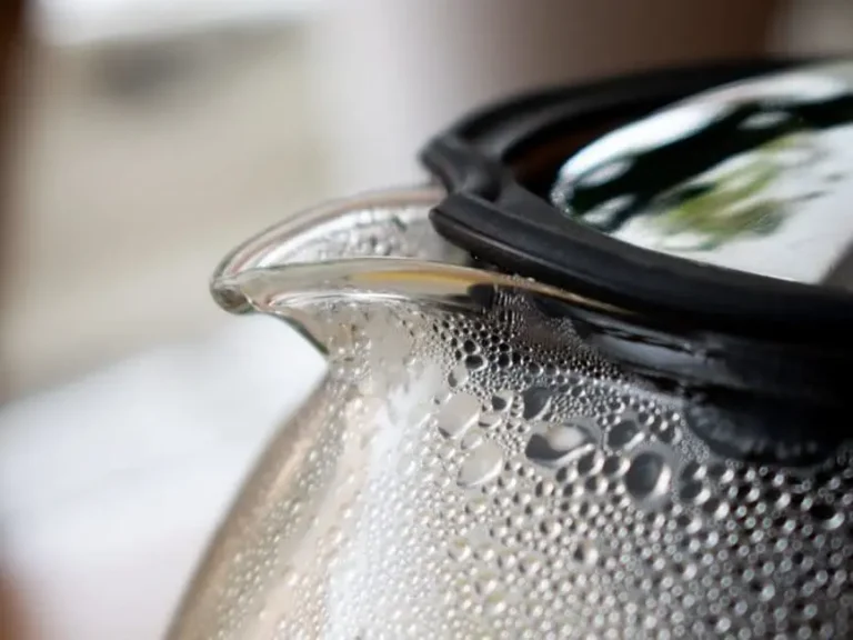 Condensation sur une cafetière en verre, zoom sur le bec verseur.