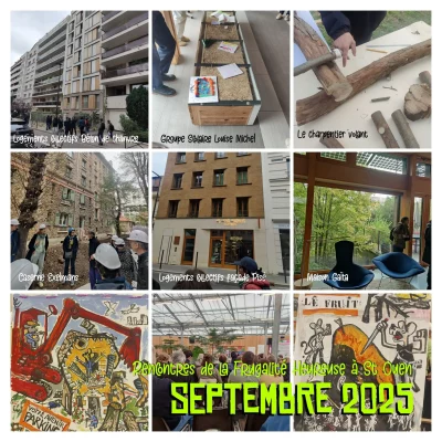 Assemblage photo : - Deux dessins de petits rats, sur l'un, il conduit une pelleteuse en train de démolir une maison, sur l'autre, il poignarde une poire. - 3 photos de façades de bâtiments avec plusieurs personnes devant. Une façade en silex, une en pisé et une en chaux. - Une vue intérieure de fauteuils devant une grande fenêtre derrière laquelle on devine des panneaux photovoltaïques en casquette et des arbres. - photo de branches posées l'une sur l'autre à 90° - photo d'un caisson imitant un mur en paille sur lequel sont posés des papiers.